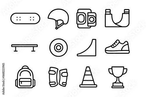 Skateboarding Icons Grid. Outline icon set of skateboarding tricks: skateboard deck, helmet, knee pads,