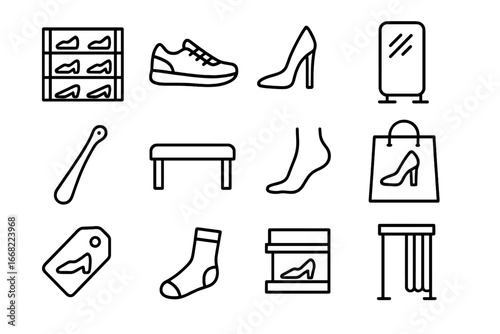 Shoe Store Icons. Outline icon set of trying on shoes in store: shoe rack, sneaker, high heel, mirror,