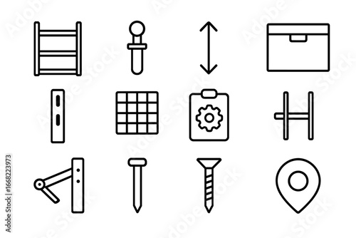 Adjustable Shelving Icons. Outline vector icons of adjustable shelving units: steel frame, lock pin, height