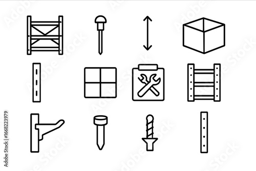 Adjustable Shelving Icons. Outline vector icons of adjustable shelving units: steel frame, lock pin, height