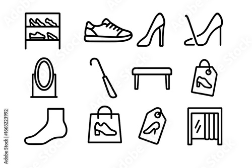 Shoe Store Icons. Outline icon set of trying on shoes in store: shoe rack, sneaker, high heel, mirror,
