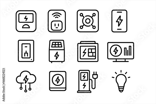 Smart Energy Icons. Outline icon set of smart electrical systems: smart meter, Wi-Fi plug, IoT hub, mobile app