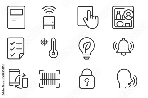 Smart Fridge Icon Set. Outline icon set of smart fridge technology: digital display, Wi-Fi symbol, touchscreen