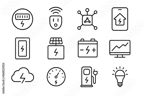 Smart Energy Icons. Outline icon set of smart electrical systems: smart meter, Wi-Fi plug, IoT hub, mobile app
