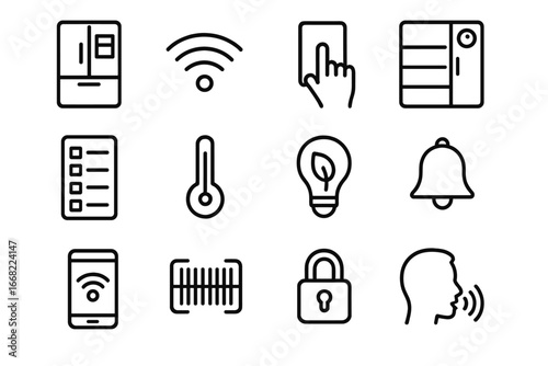 Smart Fridge Icon Set. Outline icon set of smart fridge technology: digital display, Wi-Fi symbol, touchscreen