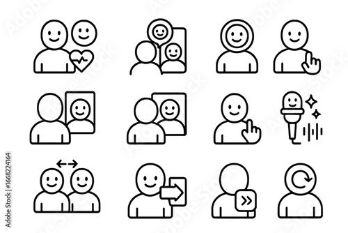 Avatar Emotion Icons. Outline vector icons of real-time avatar adaptation: emotion tracker, sentiment icon,