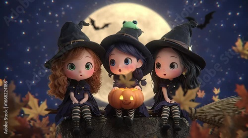 3D animation of adorable Halloween characters: three little witches sitting on a broom with a pumpkin against the background of the moon and the night sky and flying. Autumn holiday Halloween