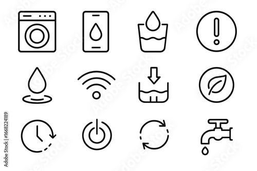 Smart Home Laundry Icons. Outline icon set of smart home laundry system: smart washer, app control, water