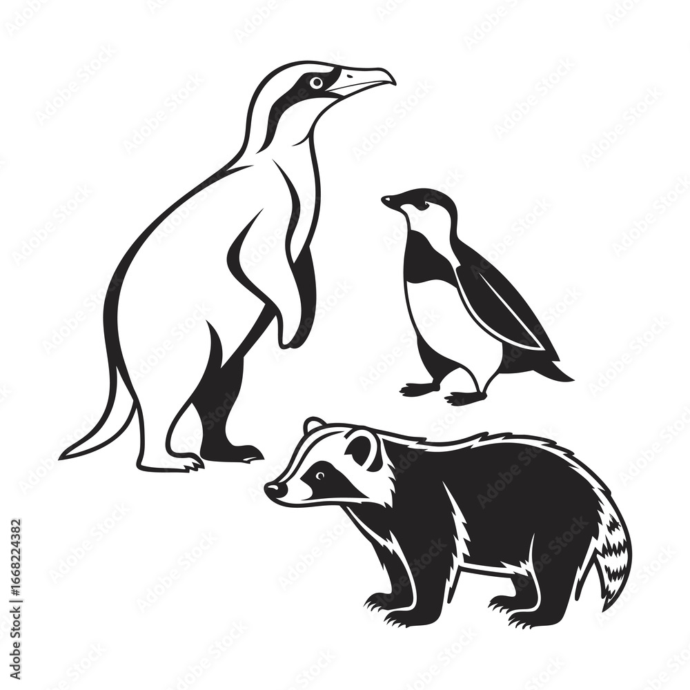 Fototapeta premium Wildlife animals line art on a hill