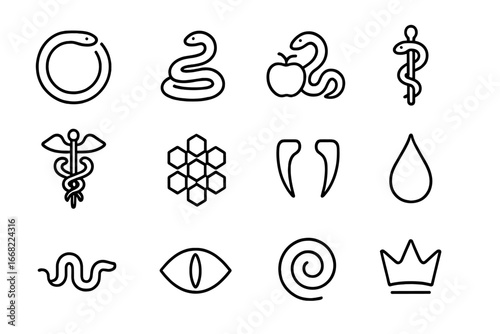 Snake Symbolism Icons. Outline icon set of snake symbolism: ouroboros, serpent coiled, snake and apple, staff