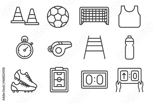 Soccer Practice Icon Set. Outline icon set of soccer practice session: cones, soccer ball, goal net, training