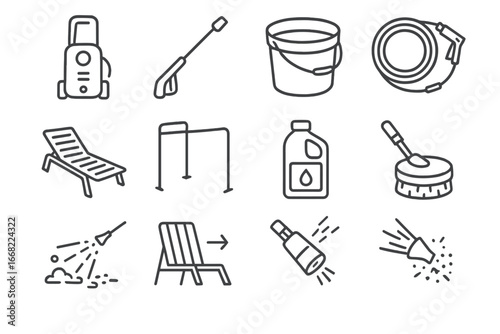 Deep Cleaning Icons. Outline vector icons of deep cleaning patio sets: pressure washer, cleaning wand, deck