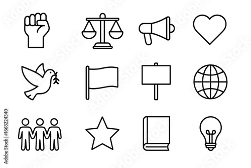 Social Justice Icons. Outline icon set of social justice: raised fist, scales of justice, megaphone, heart,