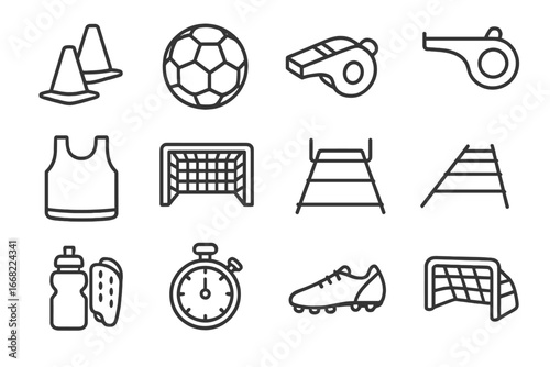 Soccer Training Icons. Outline icon set of soccer training gear: cones, soccer ball, training bibs, whistles,