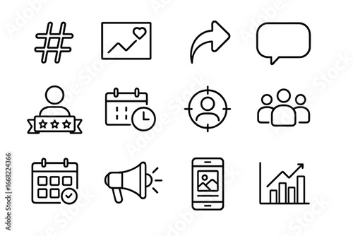 Social Media Icons. Outline icon set of social media marketing: hashtag tag, engagement chart, share arrow,