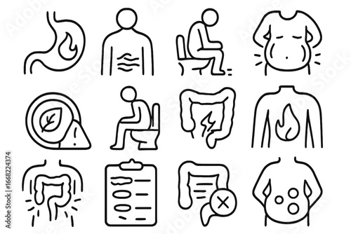 Digestive System Icons. Outline vector icons of digestive system disorders: acid reflux, indigestion icon,