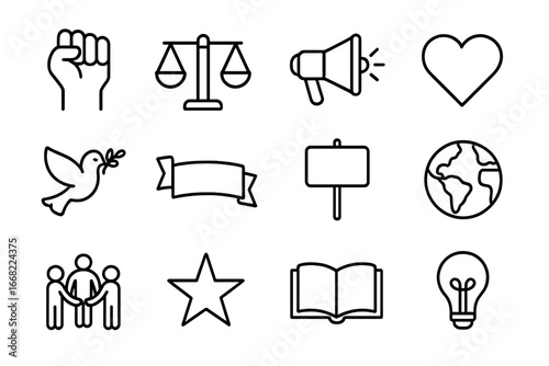 Social Justice Icons. Outline icon set of social justice: raised fist, scales of justice, megaphone, heart,