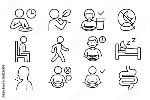 Digestive Health Icons. Outline vector icons of digestion-friendly lifestyle habits: slow eating, mindful bite