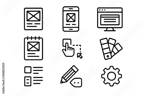 Software Prototyping Icons. Outline icon set of software prototyping: wireframe, mobile screen, desktop layout