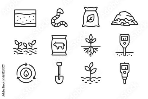 Soil Health Icons. Outline icon set of soil health improvement: soil profile, earthworm, compost bag, mulch,