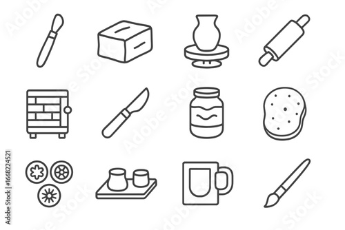 Ceramics Icons Grid. Outline vector icons of clay and ceramics night: sculpting tool, clay block, pottery