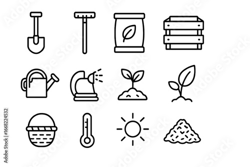 Soil Preparation Icons. Outline icon set of soil preparation for fruit growing: shovel, rake, soil bag,