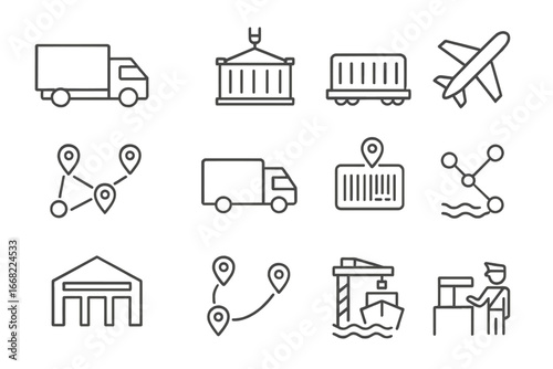 Logistics Icon Set. Outline vector icons of transportation logistics: freight truck, shipping container, train
