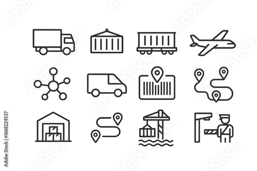 Logistics Icon Set. Outline vector icons of transportation logistics: freight truck, shipping container, train