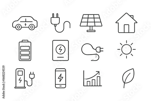 Solar EV Charging Icons. Outline icon set of solar EV charging at home: electric car, charging plug, solar