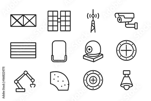 Space Station Icons. Outline icon set of space station external structures: truss segment, solar array,