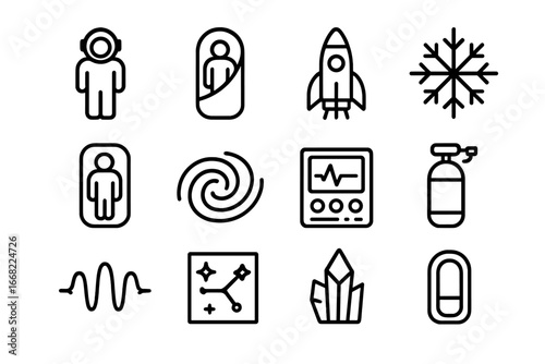 Space Travel Icons. Outline icon set of space travel cryosleep: astronaut silhouette, cryo pod, spaceship icon