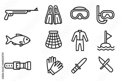 Spearfishing Gear Icons. Outline icon set of spearfishing: spear gun, fins, snorkel, mask, fish, catch bag,