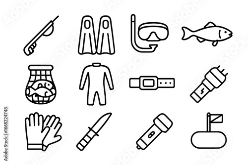 Spearfishing Gear Icons. Outline icon set of spearfishing: spear gun, fins, snorkel, mask, fish, catch bag,