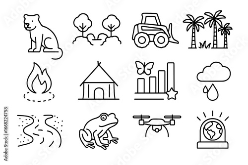 Rainforest Loss Icons. Outline icon set of tropical rainforest loss: jaguar icon, canopy gap, logging skid,