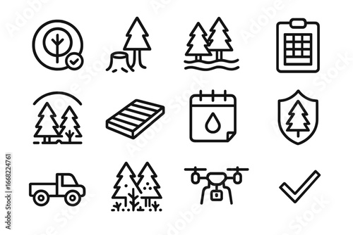 Sustainable Forestry Icons. Outline icon set of sustainable forestry: certified timber, selective logging,