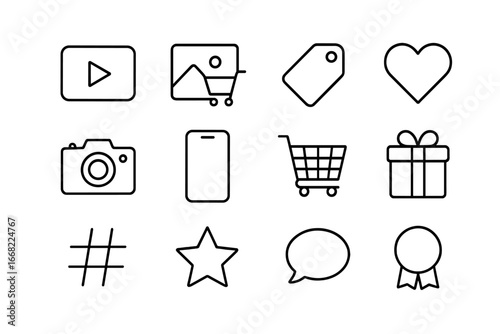 Sponsored Content Icons. Outline icon set of sponsored content: video play button, product photo, tag icon,