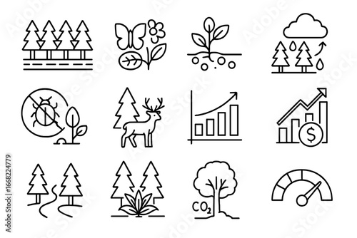 Forest Icon Set. Outline icon set of plantation vs. natural forest: monoculture rows, biodiversity icon, soil