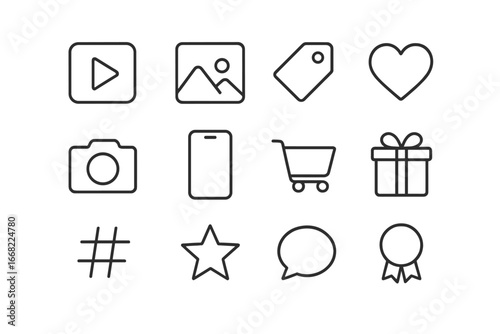 Sponsored Content Icons. Outline icon set of sponsored content: video play button, product photo, tag icon,