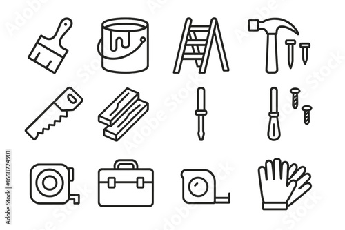 Spring Repair Tools Icons. Outline icon set of spring dacha repairs: paintbrush, paint can, ladder, hammer,