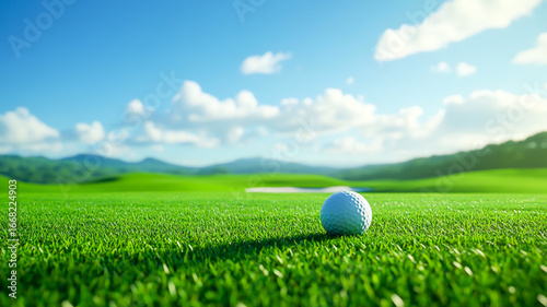 Golf ball resting on green grass near a hole at a serene golf course