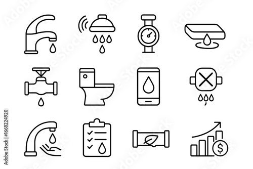 Water-Saving Plumbing Icons. Outline icon set of water-saving plumbing tech: low-flow faucet, smart showerhead