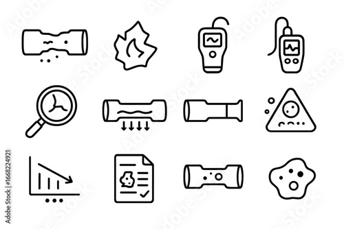 Pipe Corrosion Icons. Outline icon set of pipe corrosion and wear detection: corroded pipe, rust flake,