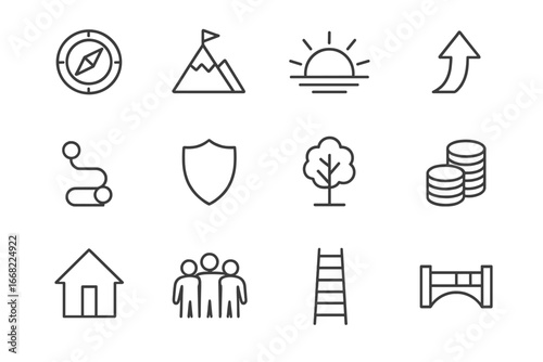 Icons of Stability. Outline icon set of long-term stability: compass, mountain peak, sunrise, arrow upward,