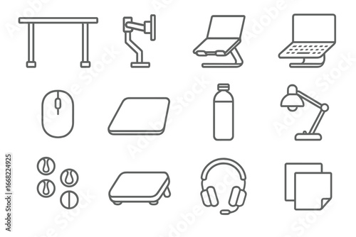 Standing Desk Icon Set. Outline icon set of standing desk setups: standing desk, monitor arm, laptop stand,