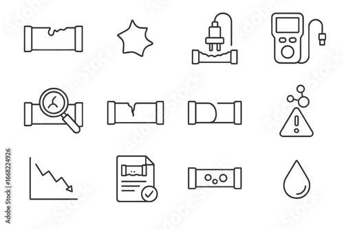 Pipe Corrosion Icons. Outline icon set of pipe corrosion and wear detection: corroded pipe, rust flake,