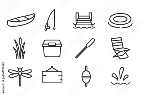 Lakeside Relaxation Icons. Outline icon set of lakeside relaxation: canoe, fishing rod, dock, ripples, reeds,