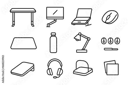 Standing Desk Icon Set. Outline icon set of standing desk setups: standing desk, monitor arm, laptop stand,