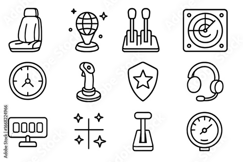 Starship Cockpit Icons. Outline icon set of starship cockpit: pilot seat, holographic map, control levers,