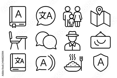 Language Icons Grid. Outline icon set of language immersion trips: dictionary, language bubble, host family,