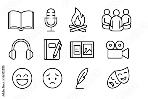 Storytelling Icons Collection. Outline icon set of storytelling for healing: open book, microphone, campfire,